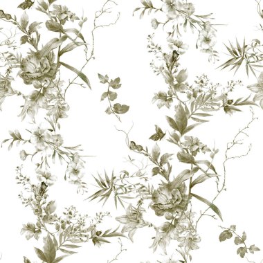 Yaprak ve çiçeklerin suluboya resmi, beyaz arkaplanda pürüzsüz desen