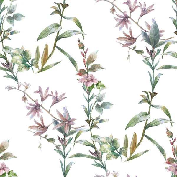 Watercolor Painting Leaf Flowers Seamless Pattern White Background — Stock Photo, Image