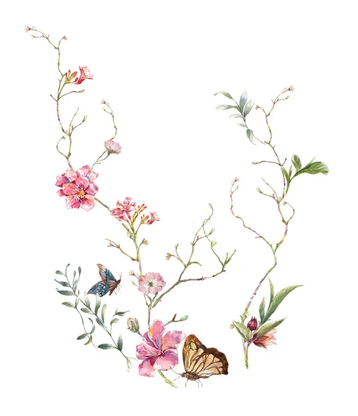 Akvarel Malba Listí Květin Bílém Pozadí — Stock fotografie