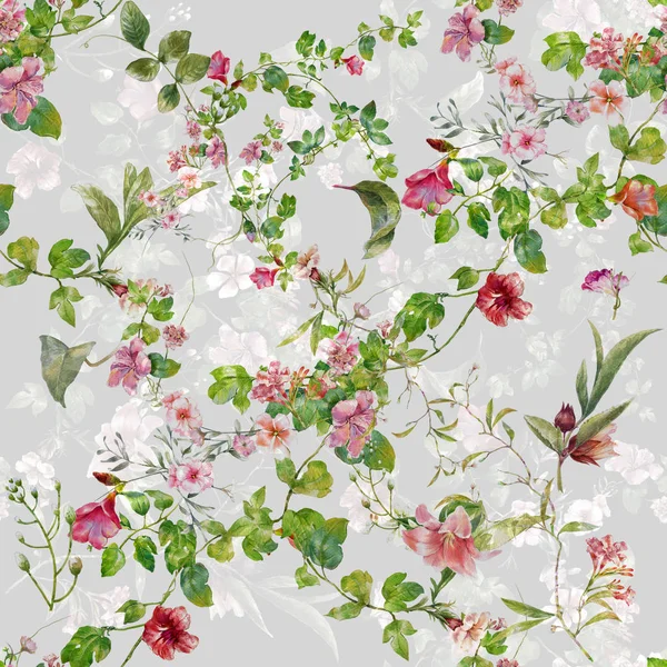 Akvarell Målning Blad Och Blommor Sömlösa Mönster Grå Bakgrund — Stockfoto