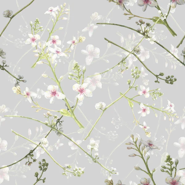 Watercolor Painting Leaf Flowers Seamless Pattern Gray Background — Stock Photo, Image