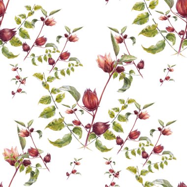 Yaprak ve çiçeklerin suluboya resmi, beyaz arkaplanda pürüzsüz desen