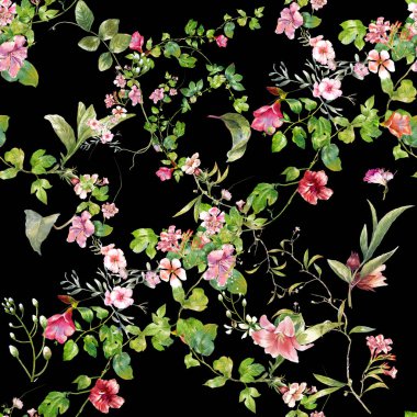 Yaprak ve çiçeklerin suluboya resmi, koyu arkaplanda pürüzsüz desen