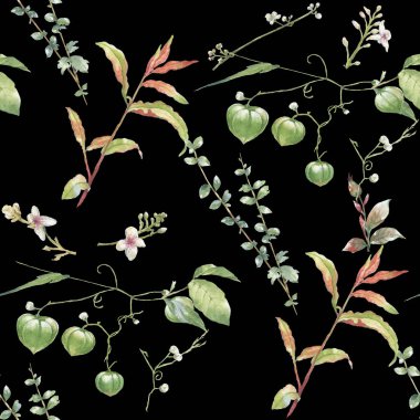 Yaprak ve çiçeklerin suluboya resmi, koyu arkaplanda pürüzsüz desen