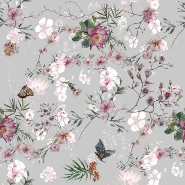 Suluboya resim Dikişsiz desen gri arka plan üzerinde yaprak ve çiçek,