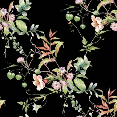 Yaprak ve çiçeklerin suluboya resmi, koyu arkaplanda pürüzsüz desen