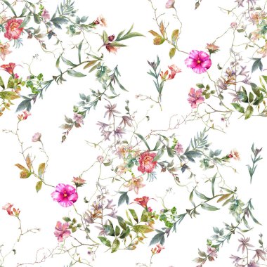 Yaprak ve çiçeklerin suluboya resmi, beyaz arkaplanda pürüzsüz desen