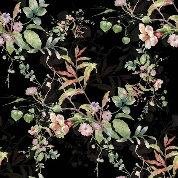 Akvarell Målning Blad Och Blommor Sömlös Mönster Mörk Bakgrund — Stockfoto
