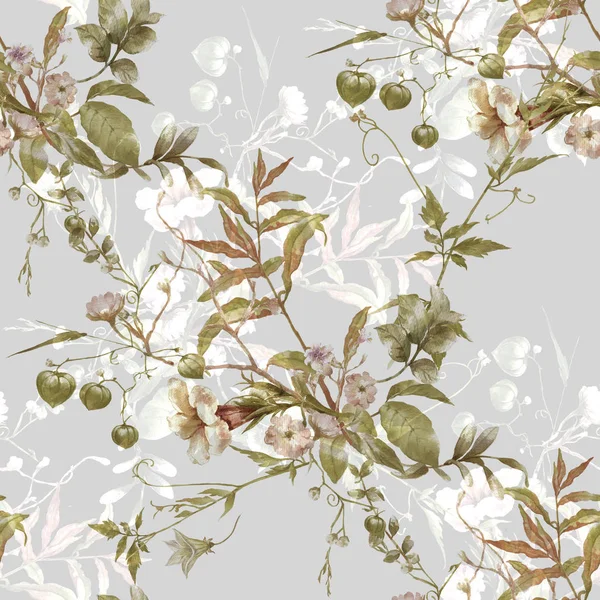 Watercolor Painting Leaf Flowers Seamless Pattern Gray Background — Stock Photo, Image
