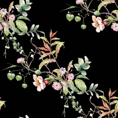 Yaprak ve çiçeklerin suluboya resmi, koyu arkaplanda pürüzsüz desen