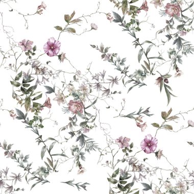 Yaprak ve çiçeklerin suluboya resmi, beyaz arkaplanda pürüzsüz desen