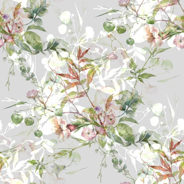 Watercolor Painting Leaf Flowers Seamless Pattern Gray Background — Stock Photo, Image
