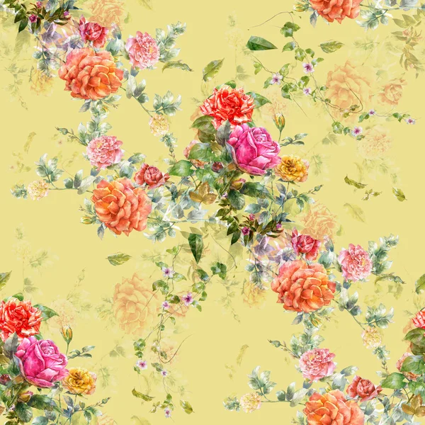 Watercolor Painting Leaf Flowers Seamless Pattern Cream Yellow Background — Stock Photo, Image
