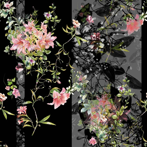 葉や花の水彩画 暗い背景のシームレスなパターン — ストック写真