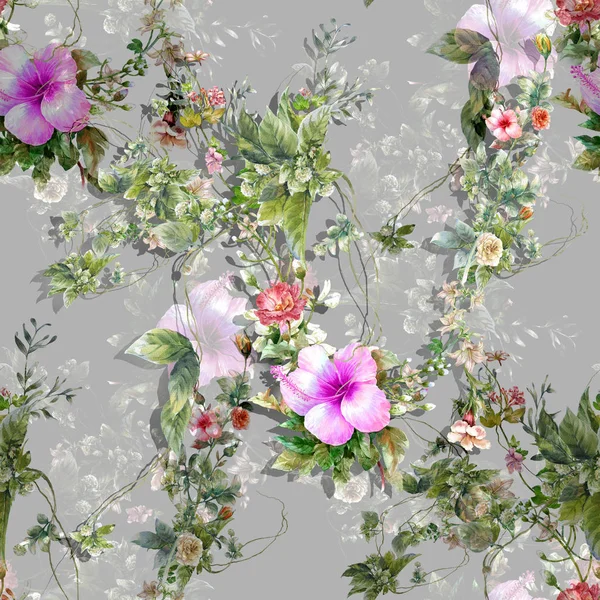 Ζωγραφική Νερομπογιές Των Φύλλων Και Των Λουλουδιών Χωρίς Ραφή Πρότυπο — Φωτογραφία Αρχείου