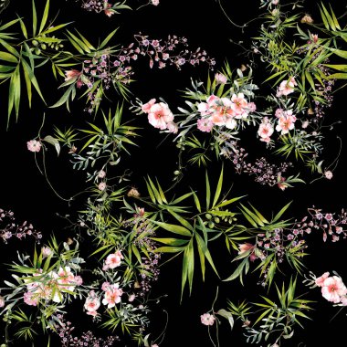 Yaprak ve çiçeklerin suluboya resmi, koyu arkaplanda pürüzsüz desen