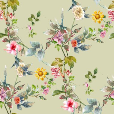 Suluboya resim Dikişsiz desen gri arka plan üzerinde yaprak ve çiçek,