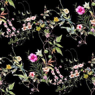 Yaprak ve çiçeklerin suluboya resmi, koyu arkaplanda pürüzsüz desen