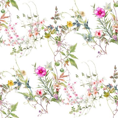 Yaprak ve çiçeklerin suluboya resmi, beyaz arkaplanda pürüzsüz desen