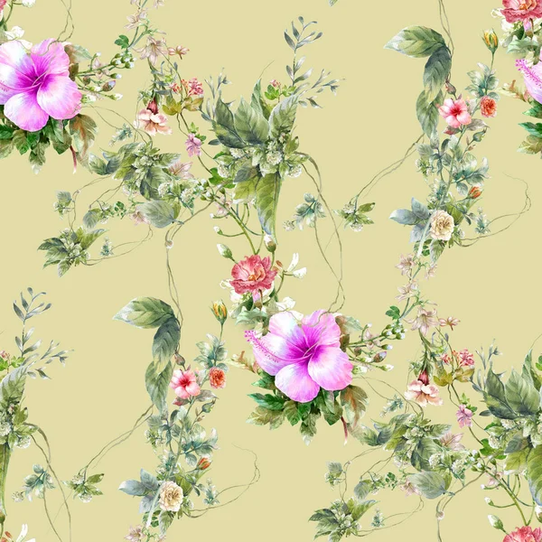 Akvarell Festmény Levelek Virágok Varrat Nélküli Mintázat Krém Sárga Háttér — Stock Fotó