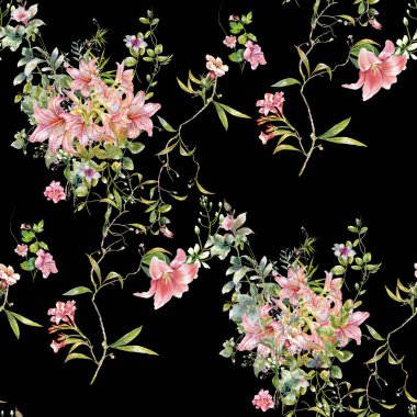 Yaprak ve çiçeklerin suluboya resmi, koyu arkaplanda pürüzsüz desen