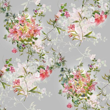 Suluboya resim Dikişsiz desen gri arka plan üzerinde yaprak ve çiçek,