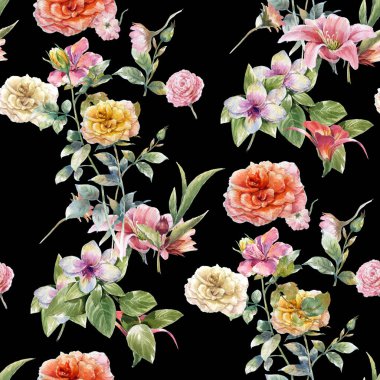 Yaprak ve çiçeklerin suluboya resmi, koyu arkaplanda pürüzsüz desen