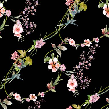 Yaprak ve çiçeklerin suluboya resmi, koyu arkaplanda pürüzsüz desen