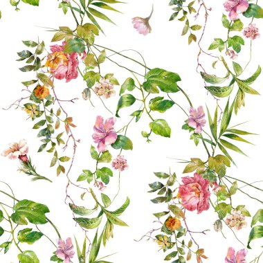 Yaprak ve çiçeklerin suluboya resmi, beyaz arkaplanda pürüzsüz desen