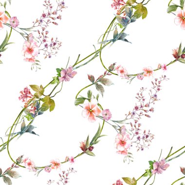 Yaprak ve çiçeklerin suluboya resmi, beyaz arkaplanda pürüzsüz desen