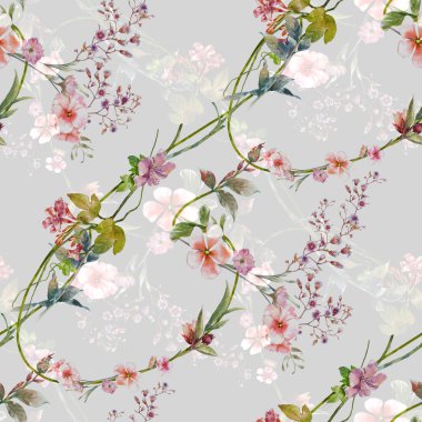 Suluboya resim Dikişsiz desen gri arka plan üzerinde yaprak ve çiçek,