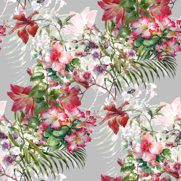 Suluboya resim Dikişsiz desen gri arka plan üzerinde yaprak ve çiçek,