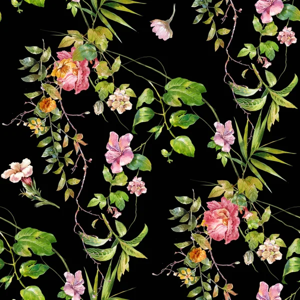 Akvarel Malba Listů Květin Bezešvé Vzor Tmavém Pozadí — Stock fotografie