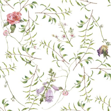 Yaprak ve çiçeklerin suluboya resmi, beyaz arkaplanda pürüzsüz desen