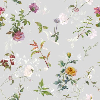 Suluboya resim Dikişsiz desen gri arka plan üzerinde yaprak ve çiçek,