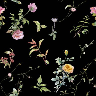 Yaprak ve çiçeklerin suluboya resmi, koyu arkaplanda pürüzsüz desen