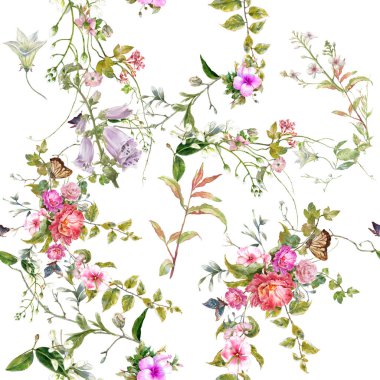 Yaprak ve çiçeklerin suluboya resmi, beyaz arkaplanda pürüzsüz desen