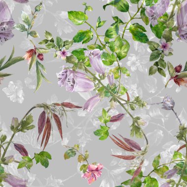 Suluboya resim Dikişsiz desen gri arka plan üzerinde yaprak ve çiçek,