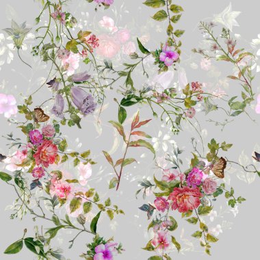 Suluboya resim Dikişsiz desen gri arka plan üzerinde yaprak ve çiçek,