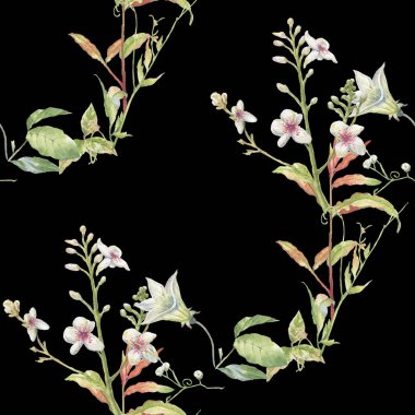 Yaprak ve çiçeklerin suluboya resmi, koyu arkaplanda pürüzsüz desen