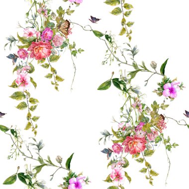 Yaprak ve çiçeklerin suluboya resmi, beyaz arkaplanda pürüzsüz desen