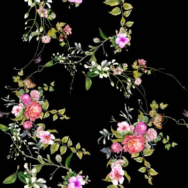 Yaprak ve çiçeklerin suluboya resmi, koyu arkaplanda pürüzsüz desen