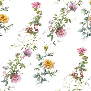 Yaprak ve çiçeklerin suluboya resmi, beyaz arkaplanda pürüzsüz desen