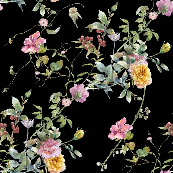 Pintura Acuarela Hojas Flores Patrón Sin Costuras Sobre Fondo Oscuro —  Fotos de Stock
