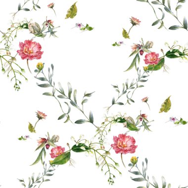 Yaprak ve çiçeklerin suluboya resmi, beyaz arkaplanda pürüzsüz desen