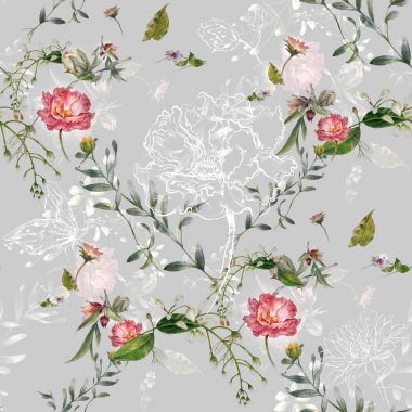 Suluboya resim Dikişsiz desen gri arka plan üzerinde yaprak ve çiçek,