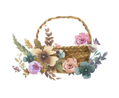 Beyaz arka planda, Wicker sepetleri ile yaprakları ve çiçek suluboya boyama 