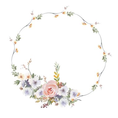 Beyaz arkaplanda yaprakların ve çiçeklerin suluboya resmi 