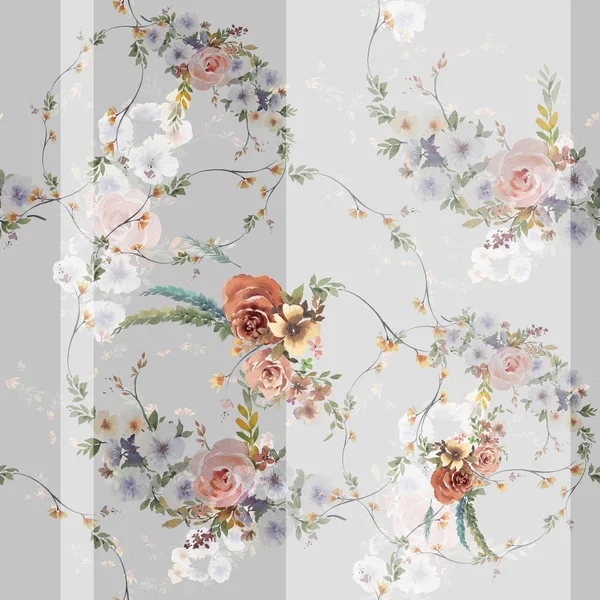 Watercolor Painting Leaf Flowers Seamless Pattern Gray Background — Stock Photo, Image