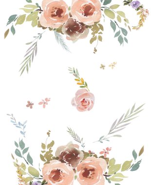 Beyaz arkaplanda yaprakların ve çiçeklerin suluboya resmi 